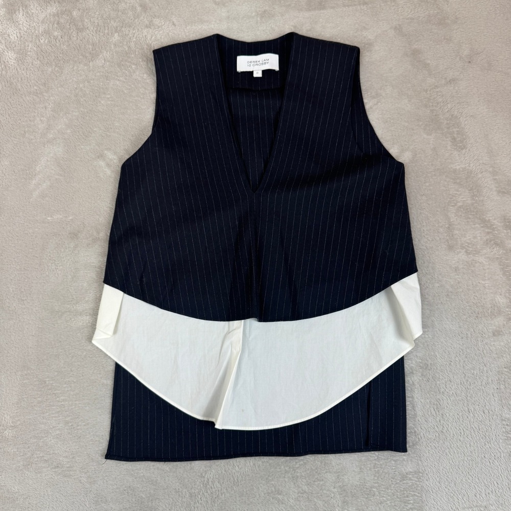 Derek Lam 10 Crosby Vest Womens 0 Navy Blue Preowned Tunic Layered Pinstripe